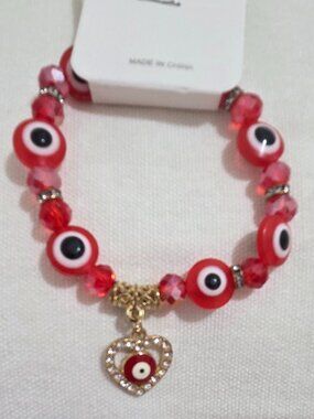 Evil Eye Beaded Bracelet Acrylic Gold Charm Heart Protection Jewelry